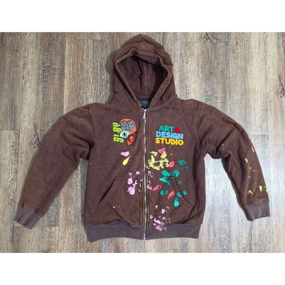 SoleBoy Full Zip Brown Hoodie Art & Design Studio Paint Splatter - Size 2XL